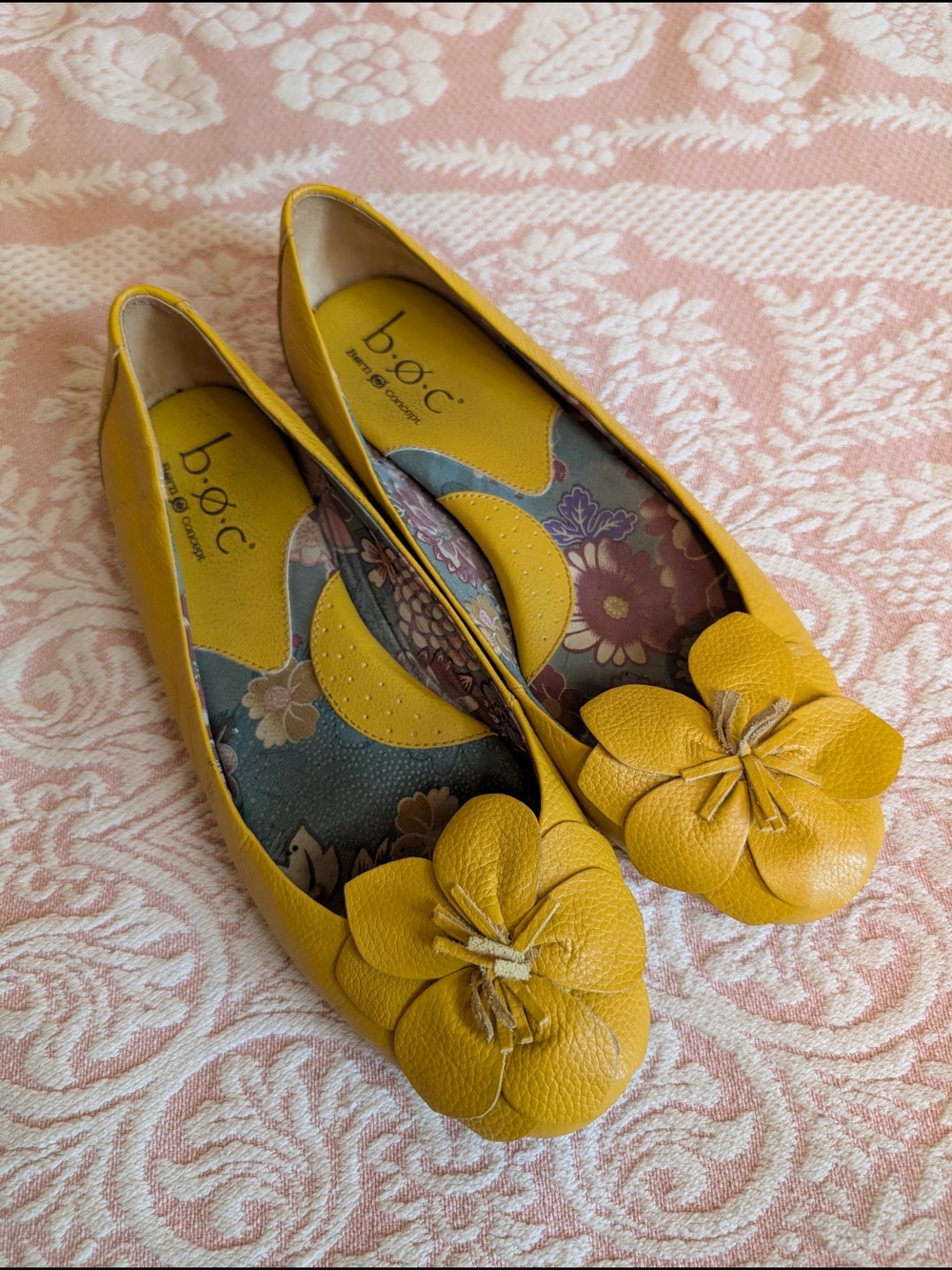 b.o.c. Mustard Yellow Leather Floral Toe Ballet Flats